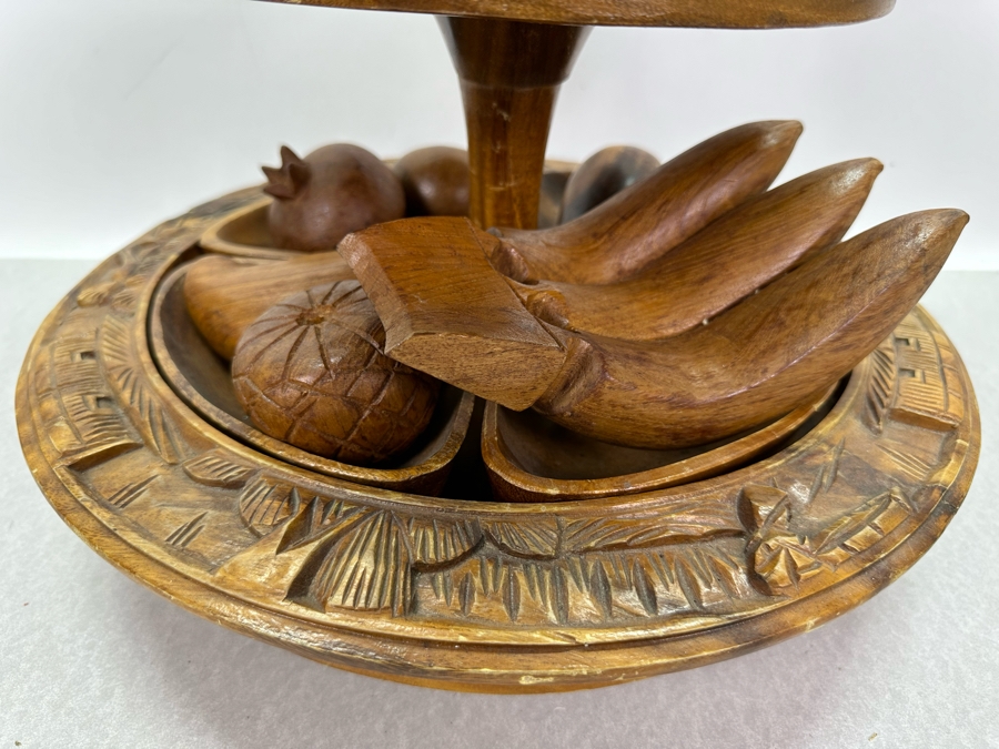 Vintage Acacia House Hawaii Hand Carved Monkey Pod Multi-Tier Lazy Suzan Serving Trays With Carved Wooden Fruit 24'H [Photo 2]
