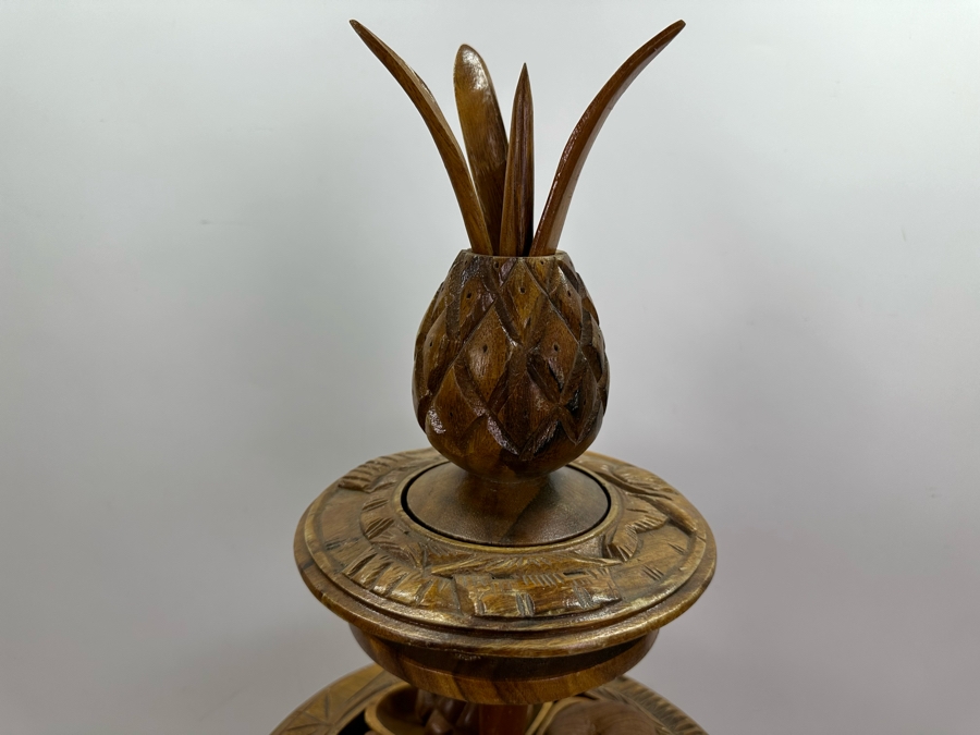 Vintage Acacia House Hawaii Hand Carved Monkey Pod Multi-Tier Lazy Suzan Serving Trays With Carved Wooden Fruit 24'H [Photo 6]