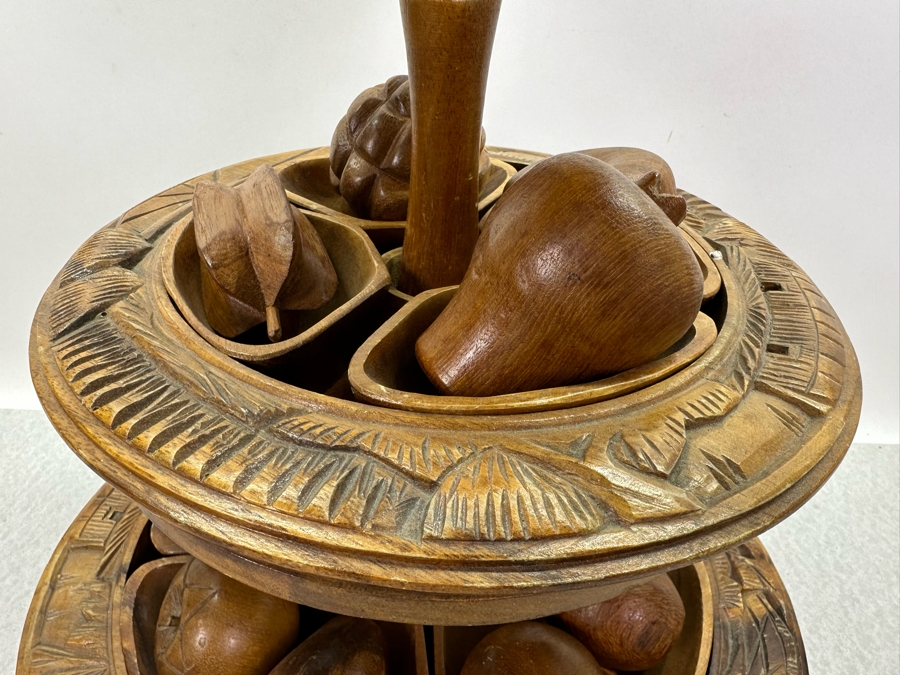 Vintage Acacia House Hawaii Hand Carved Monkey Pod Multi-Tier Lazy Suzan Serving Trays With Carved Wooden Fruit 24'H [Photo 5]