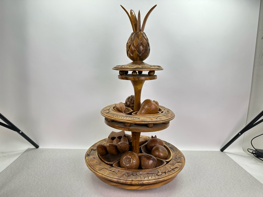 Vintage Acacia House Hawaii Hand Carved Monkey Pod Multi-Tier Lazy Suzan Serving Trays With Carved Wooden Fruit 24'H [Photo 9]