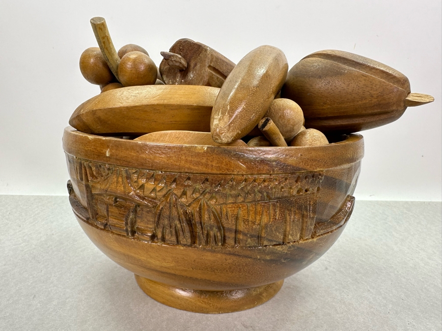 Vintage Carved Wooden Salad Bowl 10'W X 5.5'H Filled With Carved Wooden Fruit  [Photo 5]