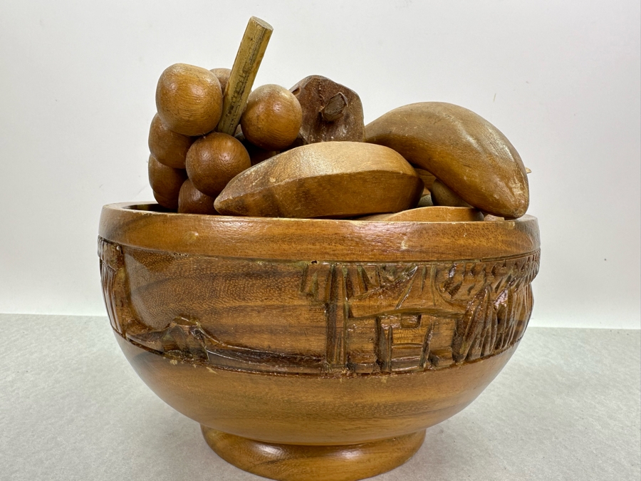 Vintage Carved Wooden Salad Bowl 10'W X 5.5'H Filled With Carved Wooden Fruit  [Photo 4]