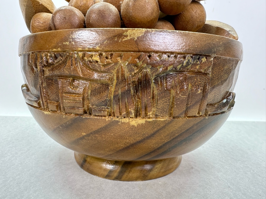 Vintage Carved Wooden Salad Bowl 10'W X 5.5'H Filled With Carved Wooden Fruit  [Photo 3]
