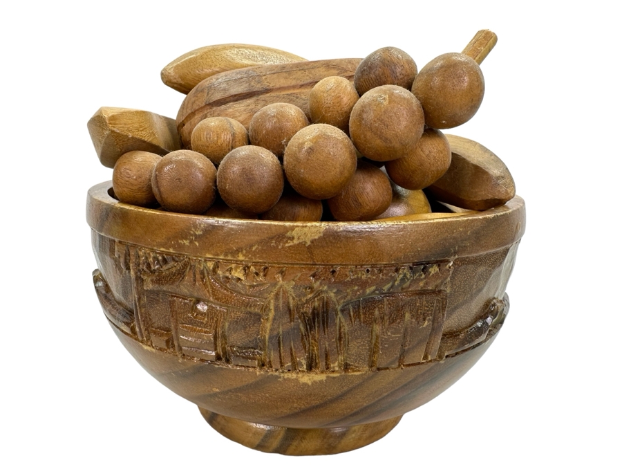 Vintage Carved Wooden Salad Bowl 10'W X 5.5'H Filled With Carved Wooden Fruit  [Photo 1]