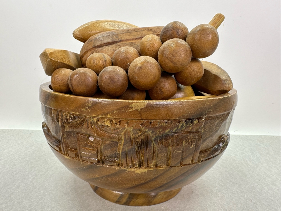 Vintage Carved Wooden Salad Bowl 10'W X 5.5'H Filled With Carved Wooden Fruit  [Photo 2]
