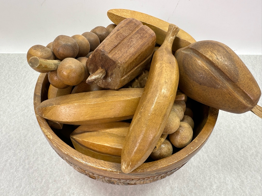 Vintage Carved Wooden Salad Bowl 10'W X 5.5'H Filled With Carved Wooden Fruit  [Photo 6]