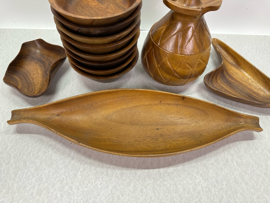 Vintage Wooden Serving Platter & Bowls Plus Wooden Pineapple Jar Monkey Pod [Photo 6]