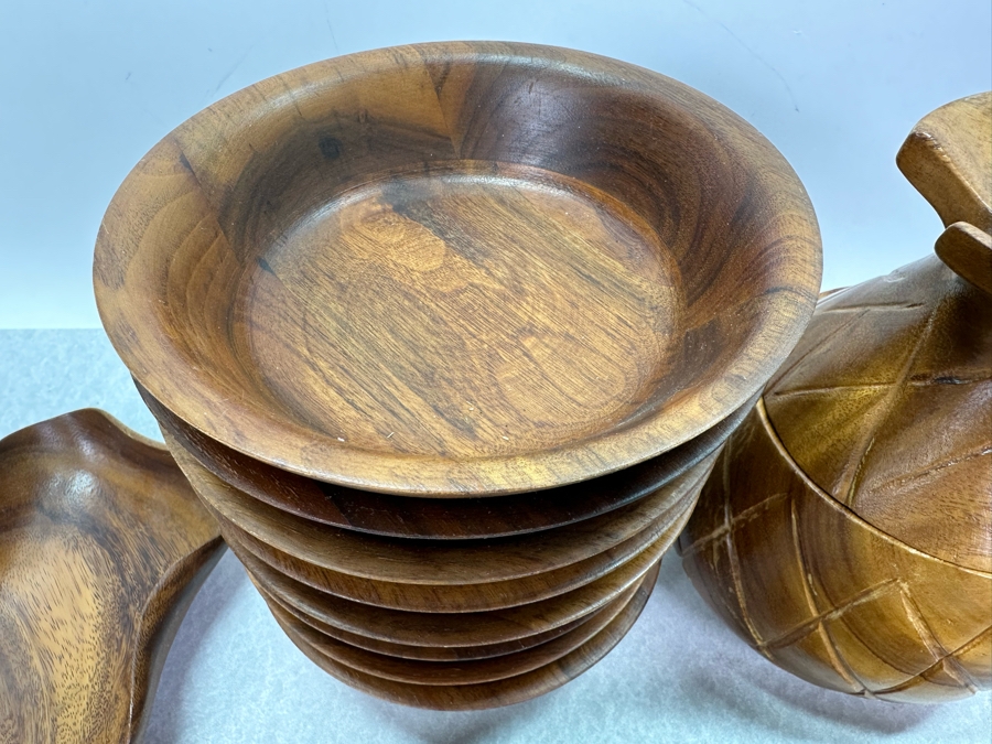 Vintage Wooden Serving Platter & Bowls Plus Wooden Pineapple Jar Monkey Pod [Photo 8]