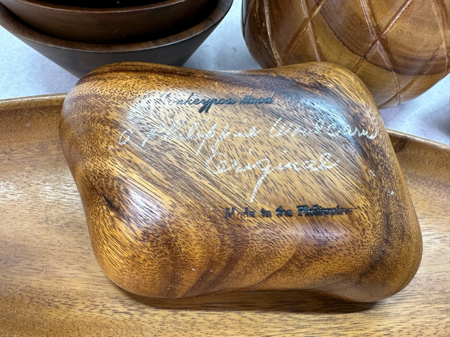 Vintage Wooden Serving Platter & Bowls Plus Wooden Pineapple Jar Monkey Pod [Photo 10]