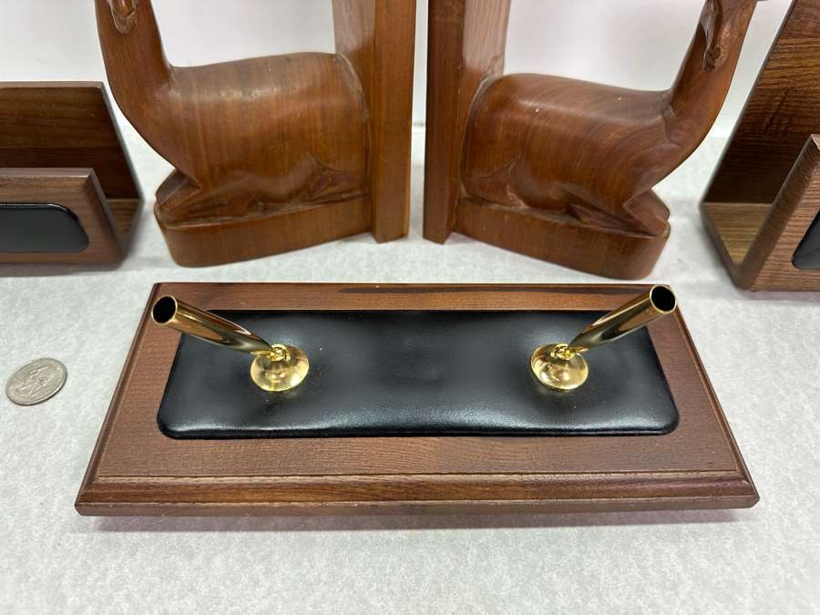 Vintage MCM Dacasso Desk Set And Pair Of Carved Wooden Antelope Bookends 8'H [Photo 4]