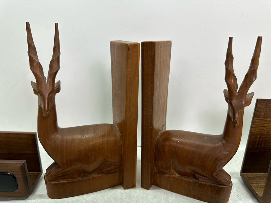 Vintage MCM Dacasso Desk Set And Pair Of Carved Wooden Antelope Bookends 8'H [Photo 3]