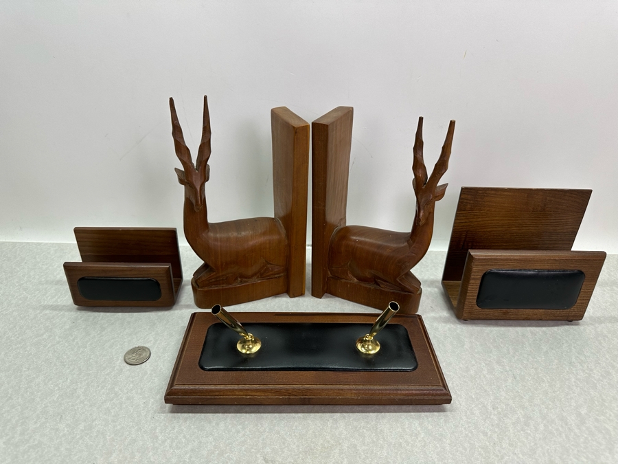 Vintage MCM Dacasso Desk Set And Pair Of Carved Wooden Antelope Bookends 8'H [Photo 2]