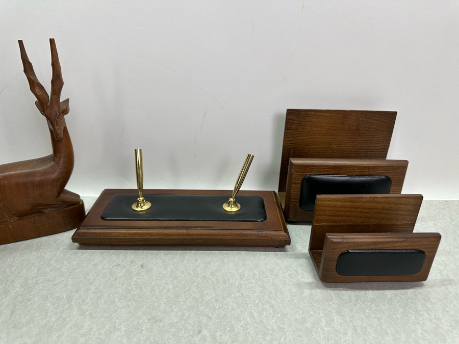 Vintage MCM Dacasso Desk Set And Pair Of Carved Wooden Antelope ...