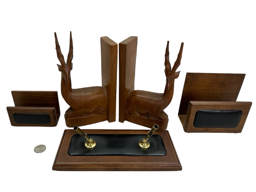 Vintage MCM Dacasso Desk Set And Pair Of Carved Wooden Antelope Bookends 8'H