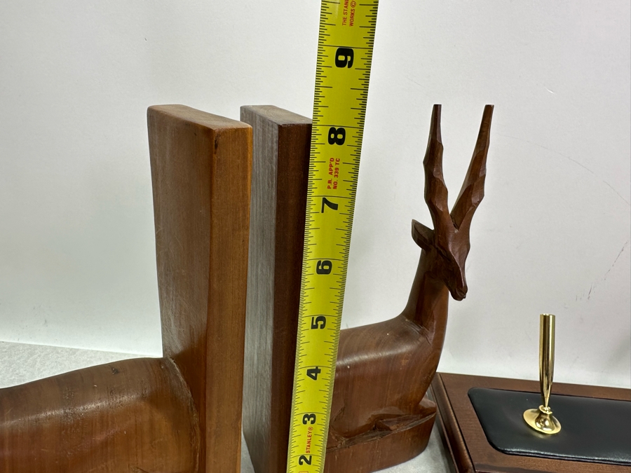 Vintage MCM Dacasso Desk Set And Pair Of Carved Wooden Antelope Bookends 8'H [Photo 9]