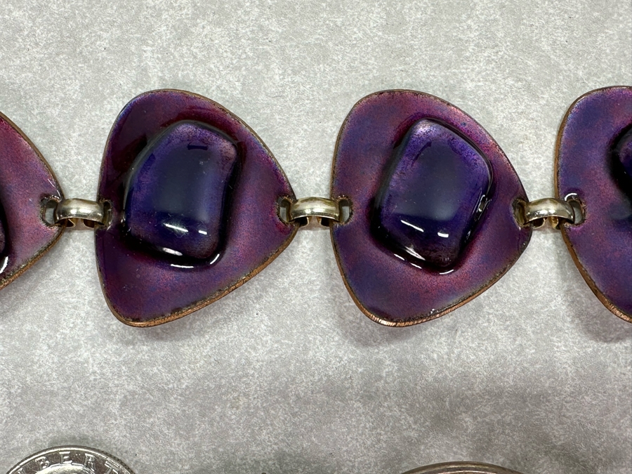 Sterling Silver Brooch Pin And Artist Signed Enamel Bracelet 7'L [Photo 2]