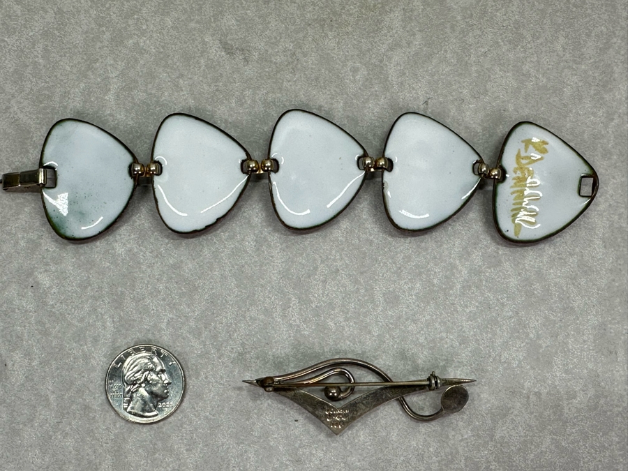 Sterling Silver Brooch Pin And Artist Signed Enamel Bracelet 7'L [Photo 5]