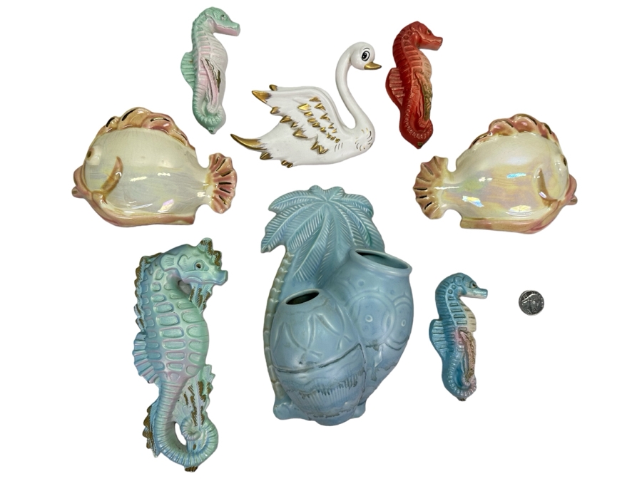 Collection Of Vintage MCM Seahorse, Fish, Tropical Wall Decor & Wall Vases [Photo 1]