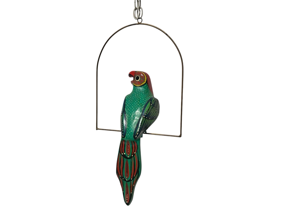 Vintage Hanging Hand Painted Paper Mache Sitting Parrot 25'H [Photo 2]