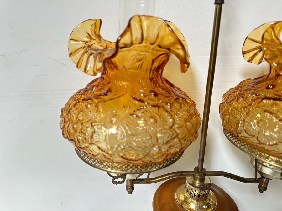 Vintage Hanging Light Fixture With Fenton Glass Amber Poppy Pattern Shades 24'H [Photo 3]