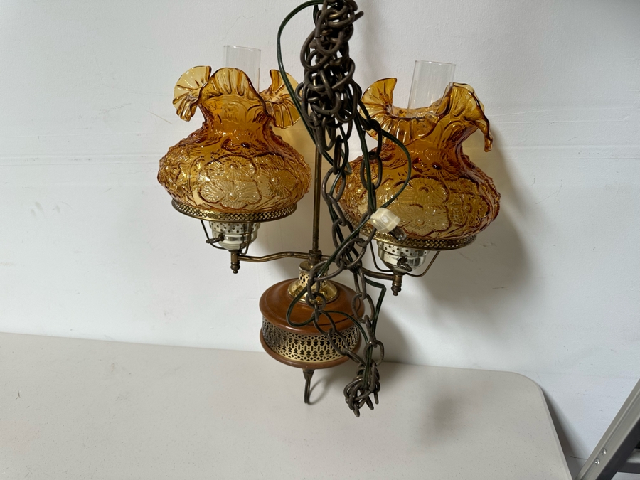 Vintage Hanging Light Fixture With Fenton Glass Amber Poppy Pattern Shades 24'H [Photo 7]