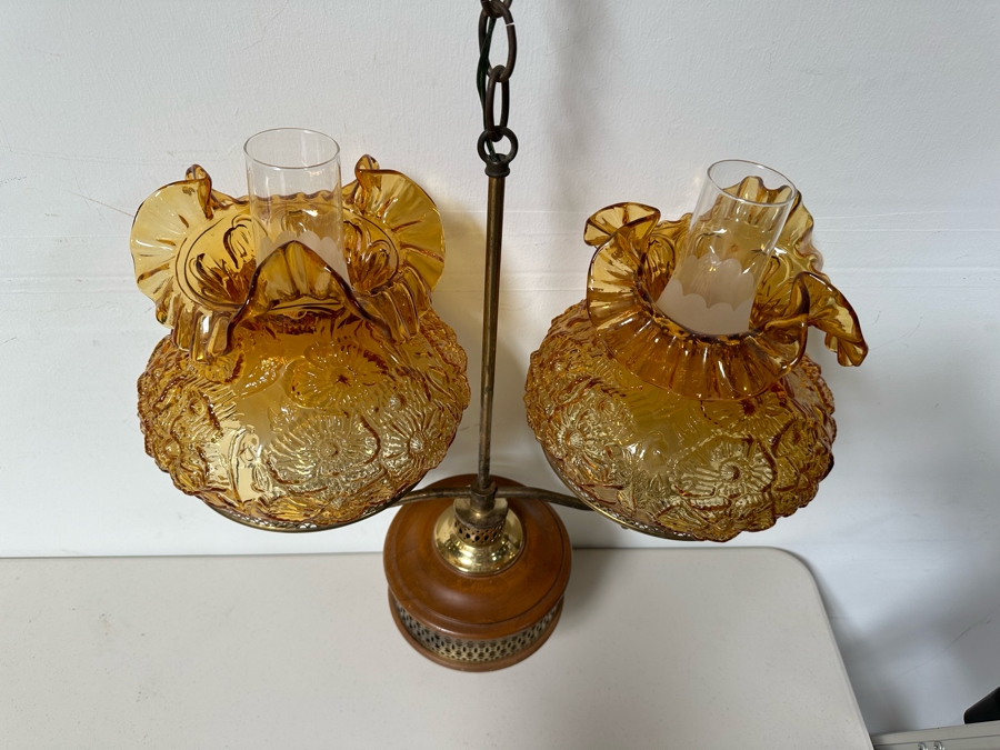 Vintage Hanging Light Fixture With Fenton Glass Amber Poppy Pattern Shades 24'H [Photo 5]