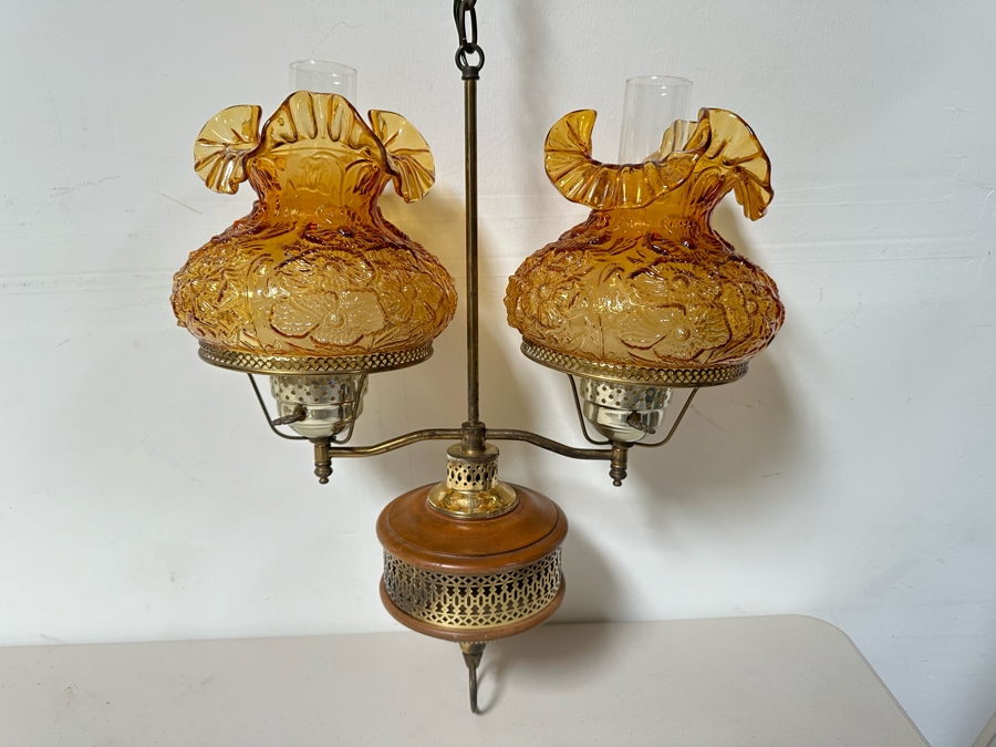 Vintage Hanging Light Fixture With Fenton Glass Amber Poppy Pattern Shades 24'H [Photo 2]