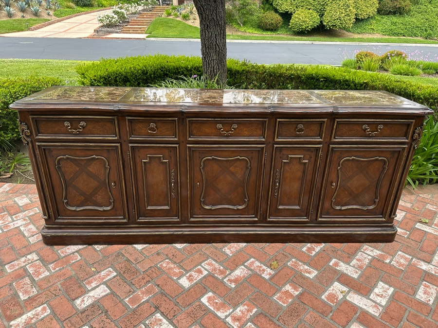 Stunning Marge Carson French Renaissance Style Inset Marble Top Sideboard Buffet Credenza (Note That Center Marble Top Has A Crack - See Photos) 9'W X 2'D X 42'H Estimate $5,000 [Photo 3]