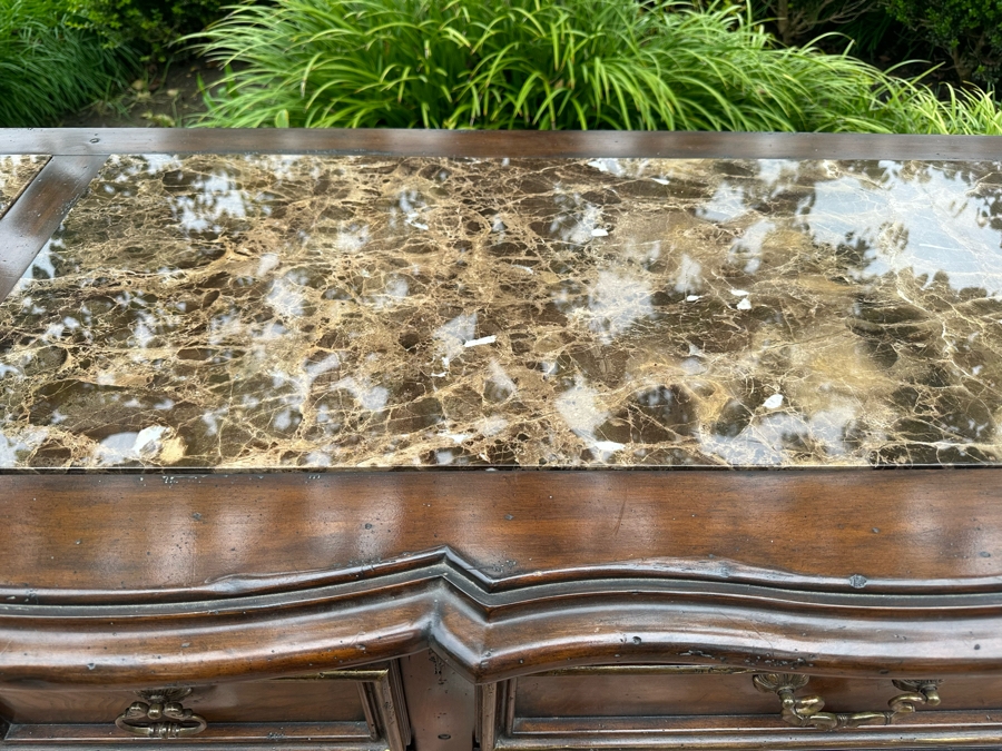 Stunning Marge Carson French Renaissance Style Inset Marble Top Sideboard Buffet Credenza (Note That Center Marble Top Has A Crack - See Photos) 9'W X 2'D X 42'H Estimate $5,000 [Photo 5]