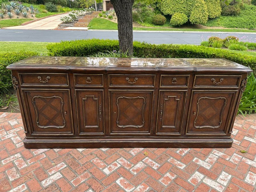 Stunning Marge Carson French Renaissance Style Inset Marble Top Sideboard Buffet Credenza (Note That Center Marble Top Has A Crack - See Photos) 9'W X 2'D X 42'H Estimate $5,000 [Photo 19]