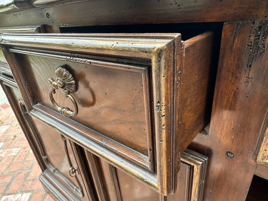 Stunning Marge Carson French Renaissance Style Inset Marble Top Sideboard Buffet Credenza (Note That Center Marble Top Has A Crack - See Photos) 9'W X 2'D X 42'H Estimate $5,000 [Photo 13]