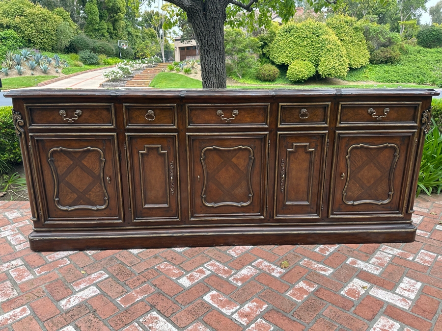 Stunning Marge Carson French Renaissance Style Inset Marble Top Sideboard Buffet Credenza (Note That Center Marble Top Has A Crack - See Photos) 9'W X 2'D X 42'H Estimate $5,000 [Photo 2]