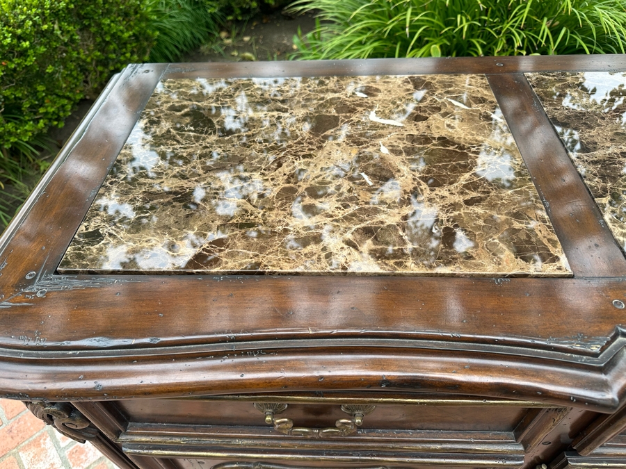 Stunning Marge Carson French Renaissance Style Inset Marble Top Sideboard Buffet Credenza (Note That Center Marble Top Has A Crack - See Photos) 9'W X 2'D X 42'H Estimate $5,000 [Photo 4]