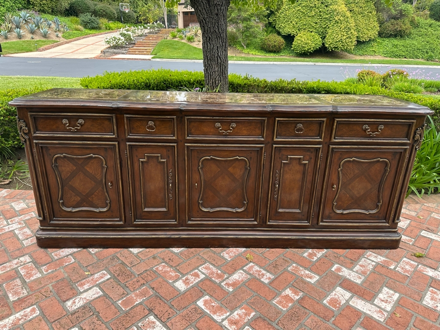 Stunning Marge Carson French Renaissance Style Inset Marble Top Sideboard Buffet Credenza (Note That Center Marble Top Has A Crack - See Photos) 9'W X 2'D X 42'H Estimate $5,000 [Photo 18]
