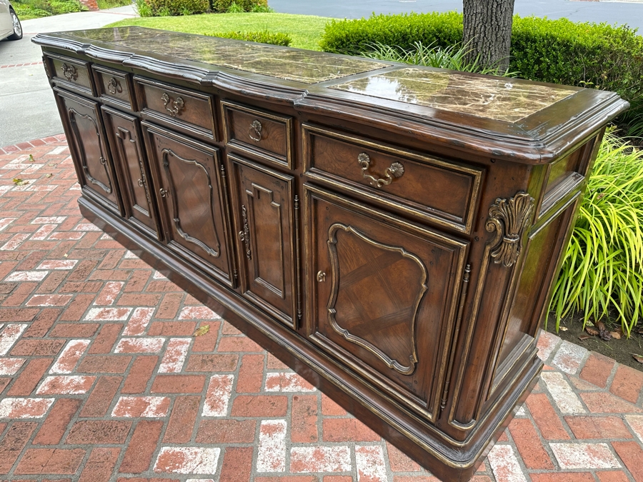Stunning Marge Carson French Renaissance Style Inset Marble Top Sideboard Buffet Credenza (Note That Center Marble Top Has A Crack - See Photos) 9'W X 2'D X 42'H Estimate $5,000 [Photo 15]