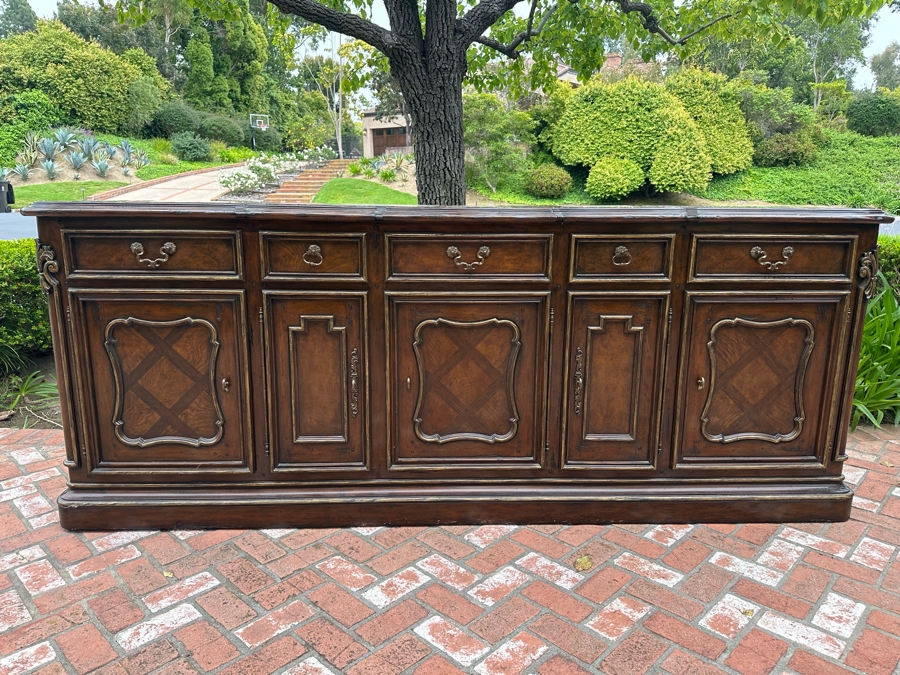 Stunning Marge Carson French Renaissance Style Inset Marble Top Sideboard Buffet Credenza (Note That Center Marble Top Has A Crack - See Photos) 9'W X 2'D X 42'H Estimate $5,000