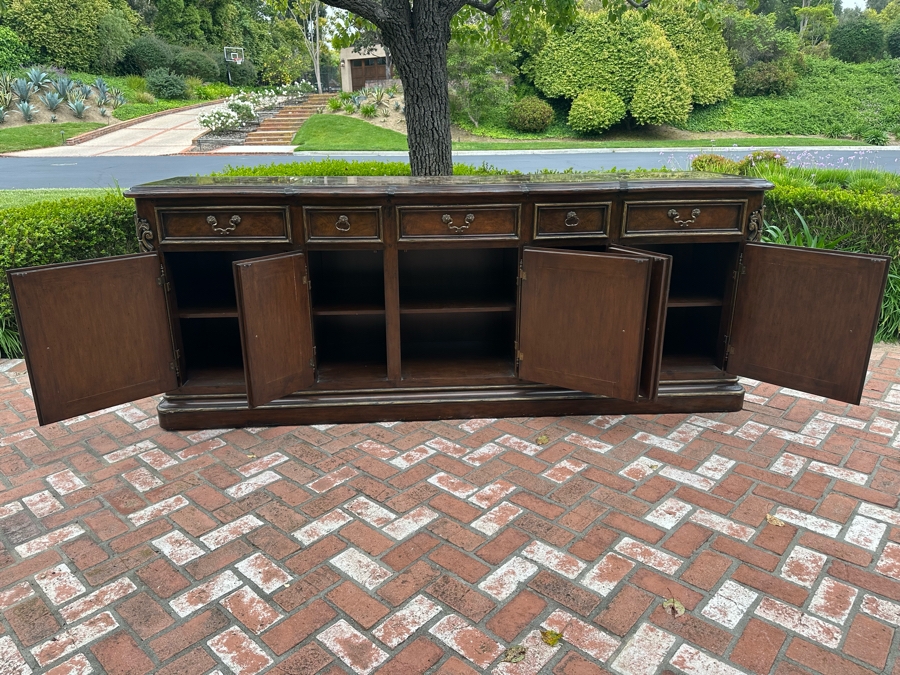 Stunning Marge Carson French Renaissance Style Inset Marble Top Sideboard Buffet Credenza (Note That Center Marble Top Has A Crack - See Photos) 9'W X 2'D X 42'H Estimate $5,000 [Photo 9]
