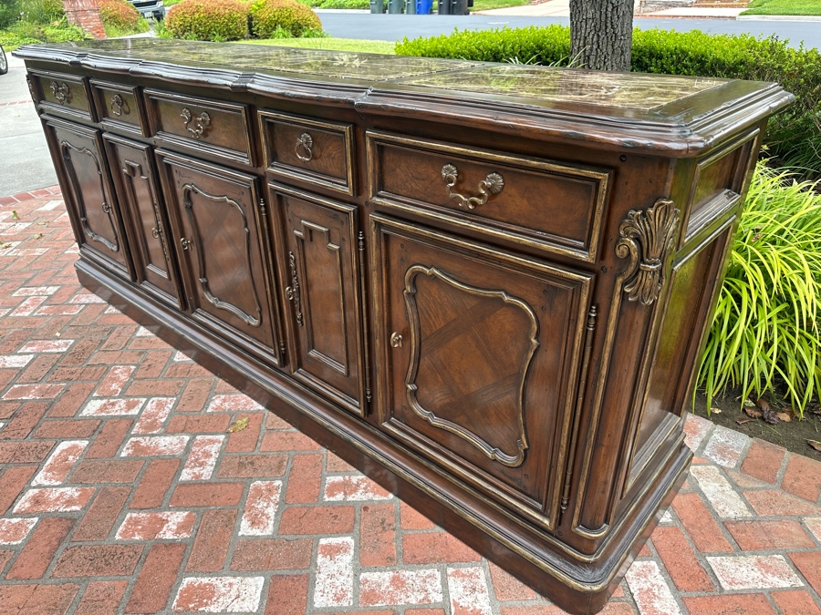 Stunning Marge Carson French Renaissance Style Inset Marble Top Sideboard Buffet Credenza (Note That Center Marble Top Has A Crack - See Photos) 9'W X 2'D X 42'H Estimate $5,000 [Photo 14]