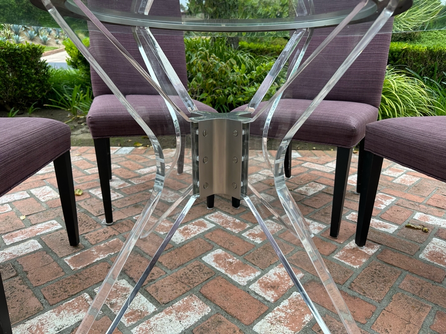 Contemporary Lucite & Metal Glass Top 5' Round Dining Table With Six Purple Upholstered Dining Chairs [Photo 7]