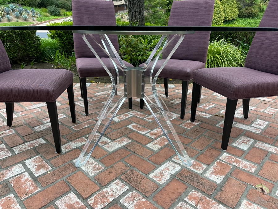 Contemporary Lucite & Metal Glass Top 5' Round Dining Table With Six Purple Upholstered Dining Chairs [Photo 6]