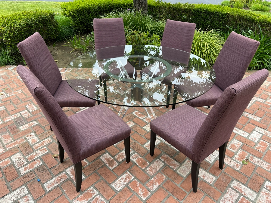 Contemporary Lucite & Metal Glass Top 5' Round Dining Table With Six Purple Upholstered Dining Chairs [Photo 3]