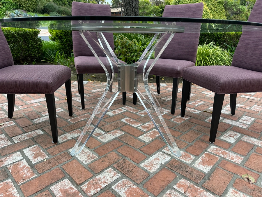 Contemporary Lucite & Metal Glass Top 5' Round Dining Table With Six Purple Upholstered Dining Chairs [Photo 5]