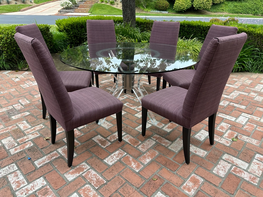 Contemporary Lucite & Metal Glass Top 5' Round Dining Table With Six Purple Upholstered Dining Chairs [Photo 2]