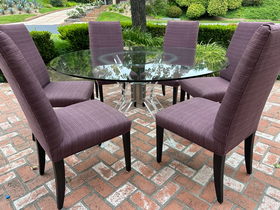 Contemporary Lucite & Metal Glass Top 5' Round Dining Table With Six Purple Upholstered Dining Chairs [Photo 4]