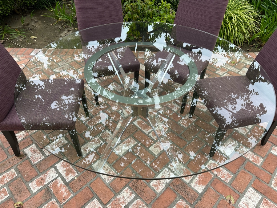 Contemporary Lucite & Metal Glass Top 5' Round Dining Table With Six Purple Upholstered Dining Chairs [Photo 8]