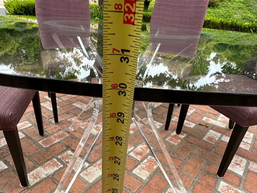 Contemporary Lucite & Metal Glass Top 5' Round Dining Table With Six Purple Upholstered Dining Chairs [Photo 10]