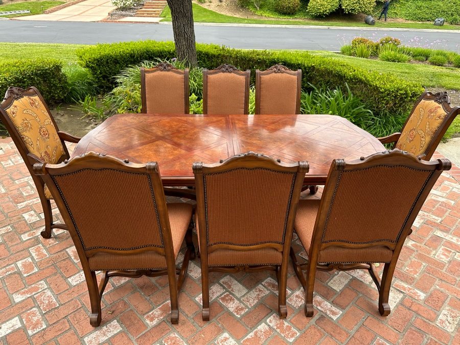 Impressive Henredon Furniture Burl Walnut Marquetry Top Formal Dining Table 92'W X 52'D X 30.5'H With One Leaf 22'W And Six Henredon Dining Chairs And Two Henredon Armchairs (8 Chairs Total) Estimate $10,000+ [Photo 2]