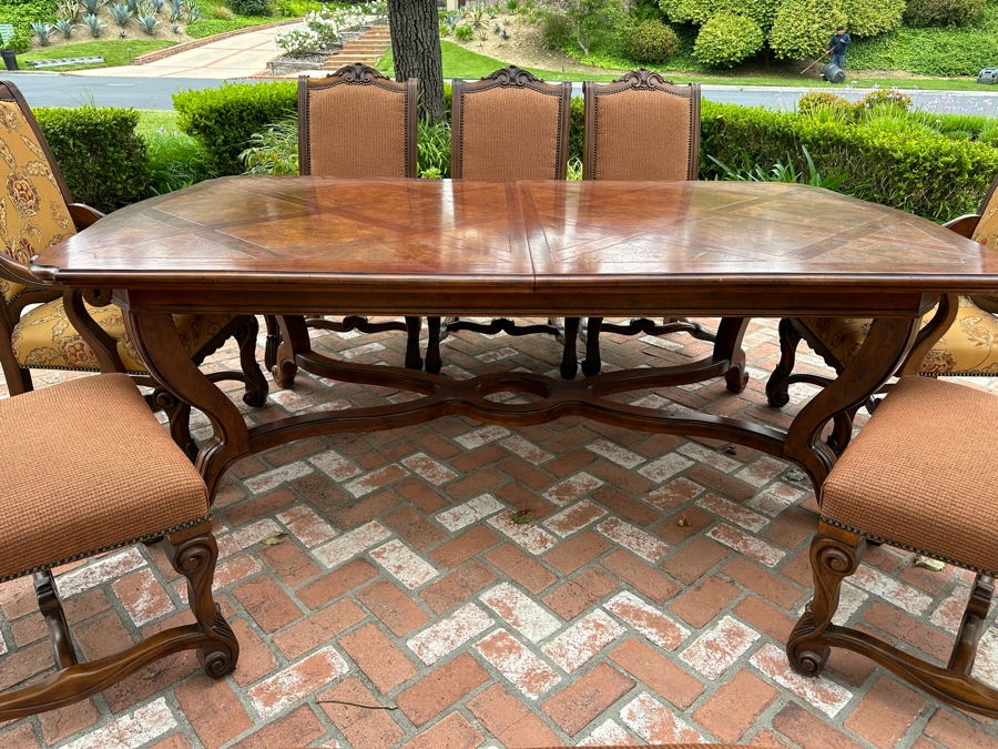 Impressive Henredon Furniture Burl Walnut Marquetry Top Formal Dining Table 92'W X 52'D X 30.5'H With One Leaf 22'W And Six Henredon Dining Chairs And Two Henredon Armchairs (8 Chairs Total) Estimate $10,000+ [Photo 4]