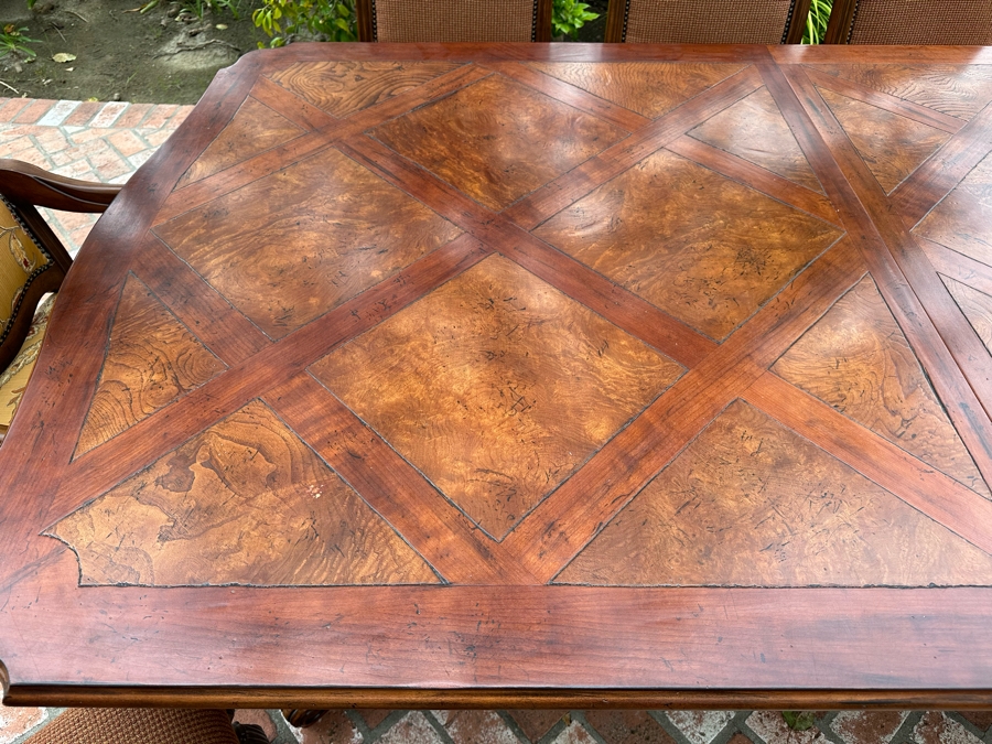 Impressive Henredon Furniture Burl Walnut Marquetry Top Formal Dining Table 92'W X 52'D X 30.5'H With One Leaf 22'W And Six Henredon Dining Chairs And Two Henredon Armchairs (8 Chairs Total) Estimate $10,000+ [Photo 7]