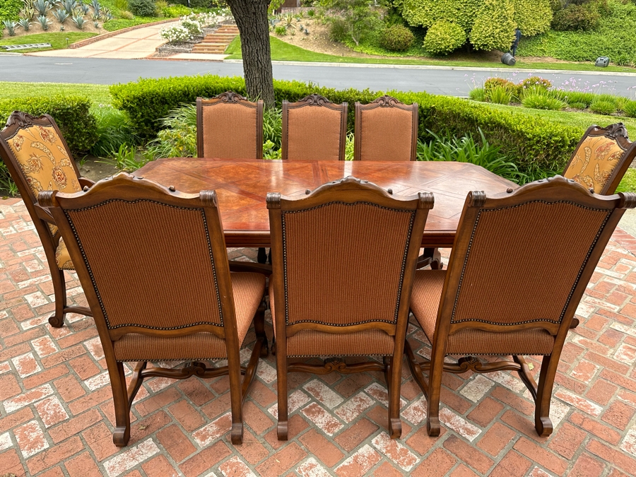 Impressive Henredon Furniture Burl Walnut Marquetry Top Formal Dining Table 92'W X 52'D X 30.5'H With One Leaf 22'W And Six Henredon Dining Chairs And Two Henredon Armchairs (8 Chairs Total) Estimate $10,000+ [Photo 3]